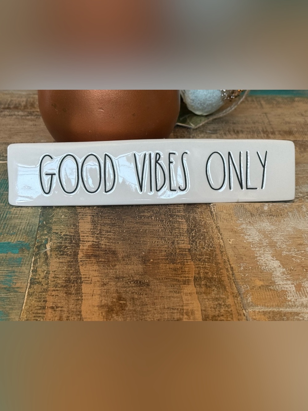 Rae Dunn "Good Vibes Only" White Ceramic Sign with Black Lettering